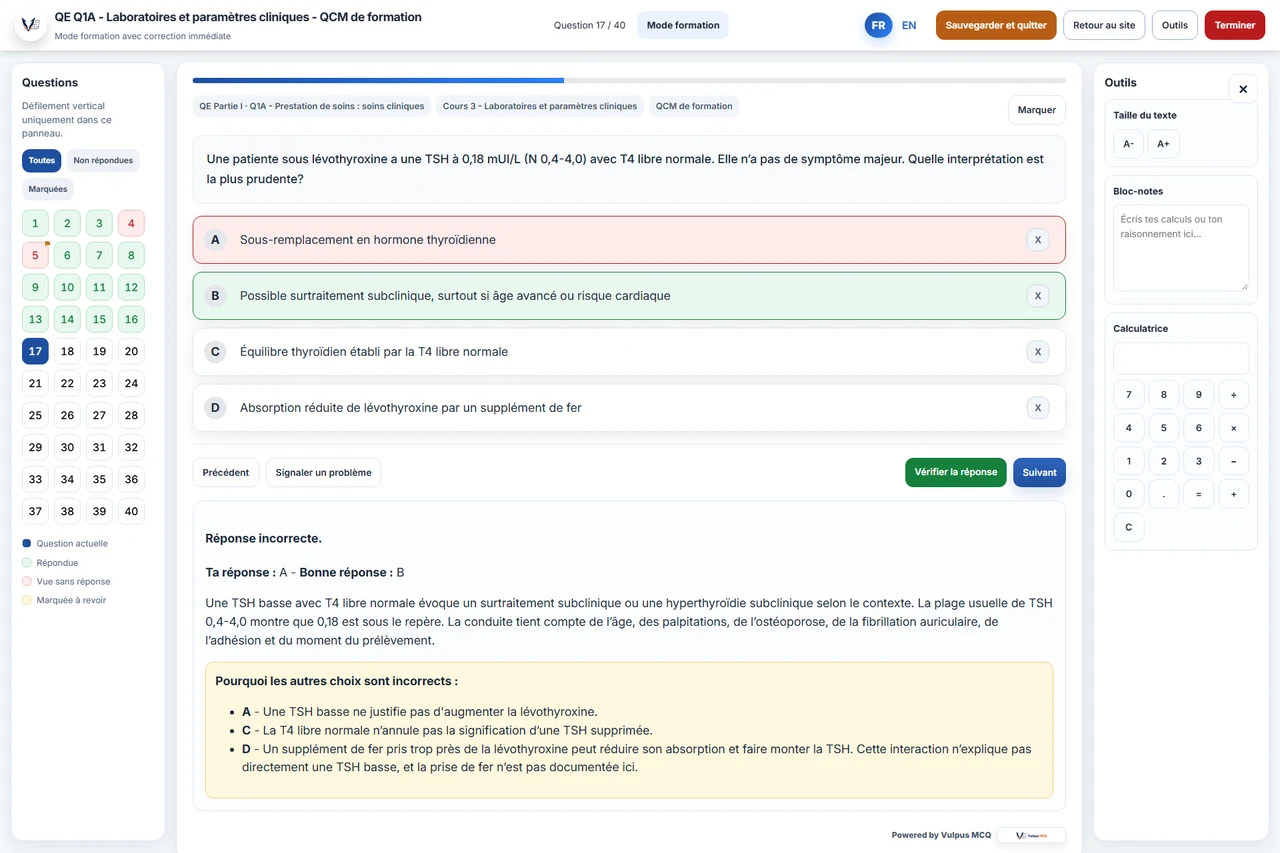 Aperçu existant du lecteur QCM Vulpus et de ses explications.
